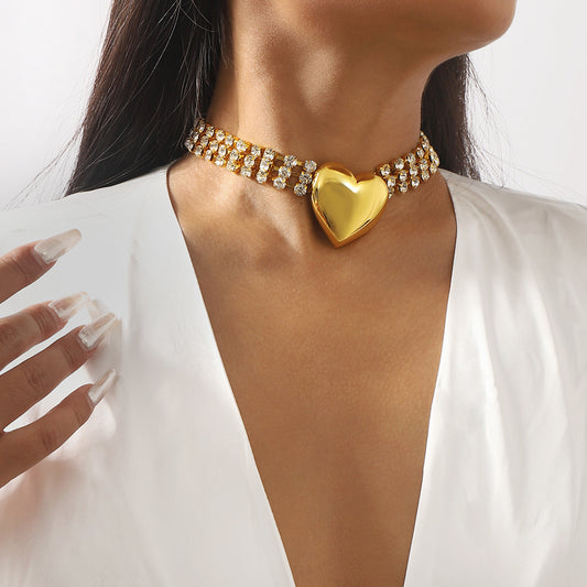 Sweet and Edgy Heart-Shaped Rhinestone-Embellished Multi-Layer Choker Necklace for Women