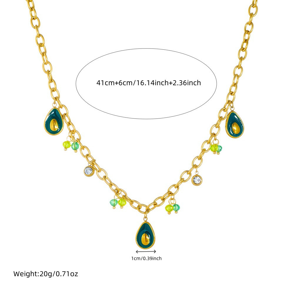 Fashionable Avocado-Shaped Enamel Pendant Necklace in Stainless Steel with Gold Plating on O-Chain for Women