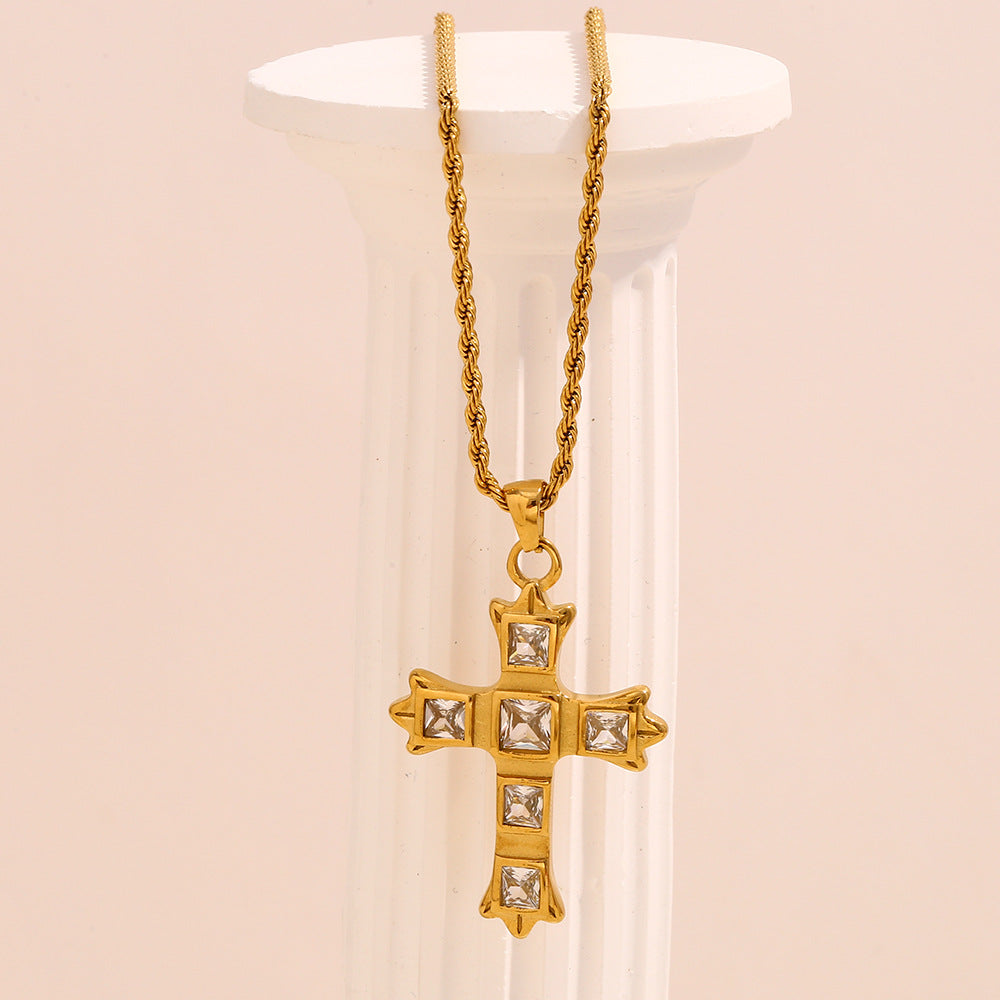 Fashionable Minimalist Cross Pendant Necklace for Women Stainless Steel with 18K Gold Plating and Zircon Inlay
