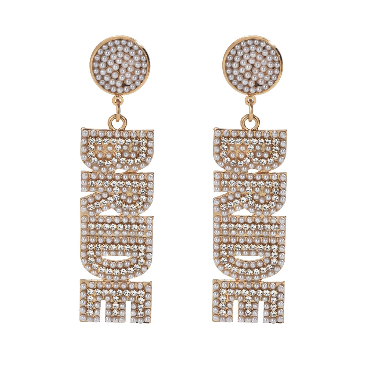 Pendientes de aleación con forma de letra minimalista, dulce y con incrustaciones de perlas para mujer