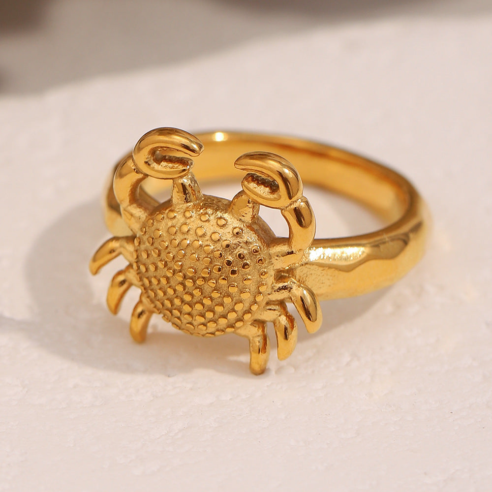 Bold Personality Style Crab-Shaped Stainless Steel Ring with 18K Gold Plating for Women