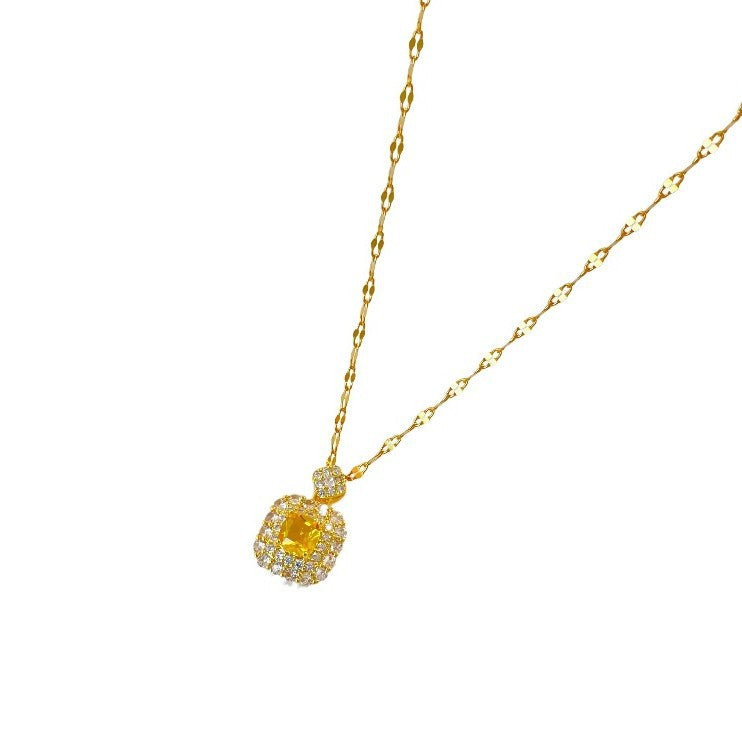 Gold Plated Titanium Steel Square Geometric Necklace and Earring Set with Micro-Inlaid Cubic Zirconia for Unisex