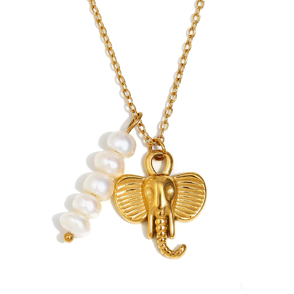 Vintage Creative Elephant Pendant Necklace for Women in Stainless Steel with 18K Gold Plating and Pearl Accents
