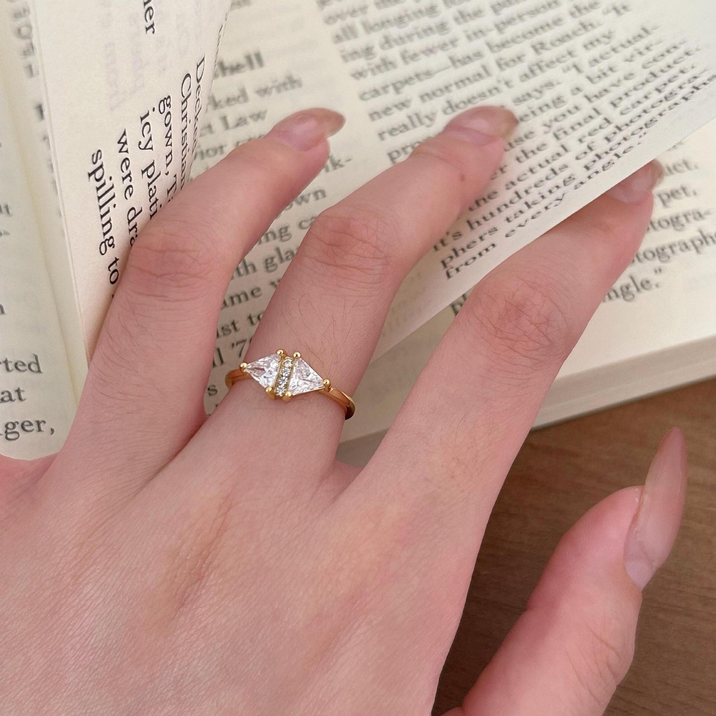 Minimalist 925 Sterling Silver Gold Plated Triangle Geometric Ring with Cubic Zirconia