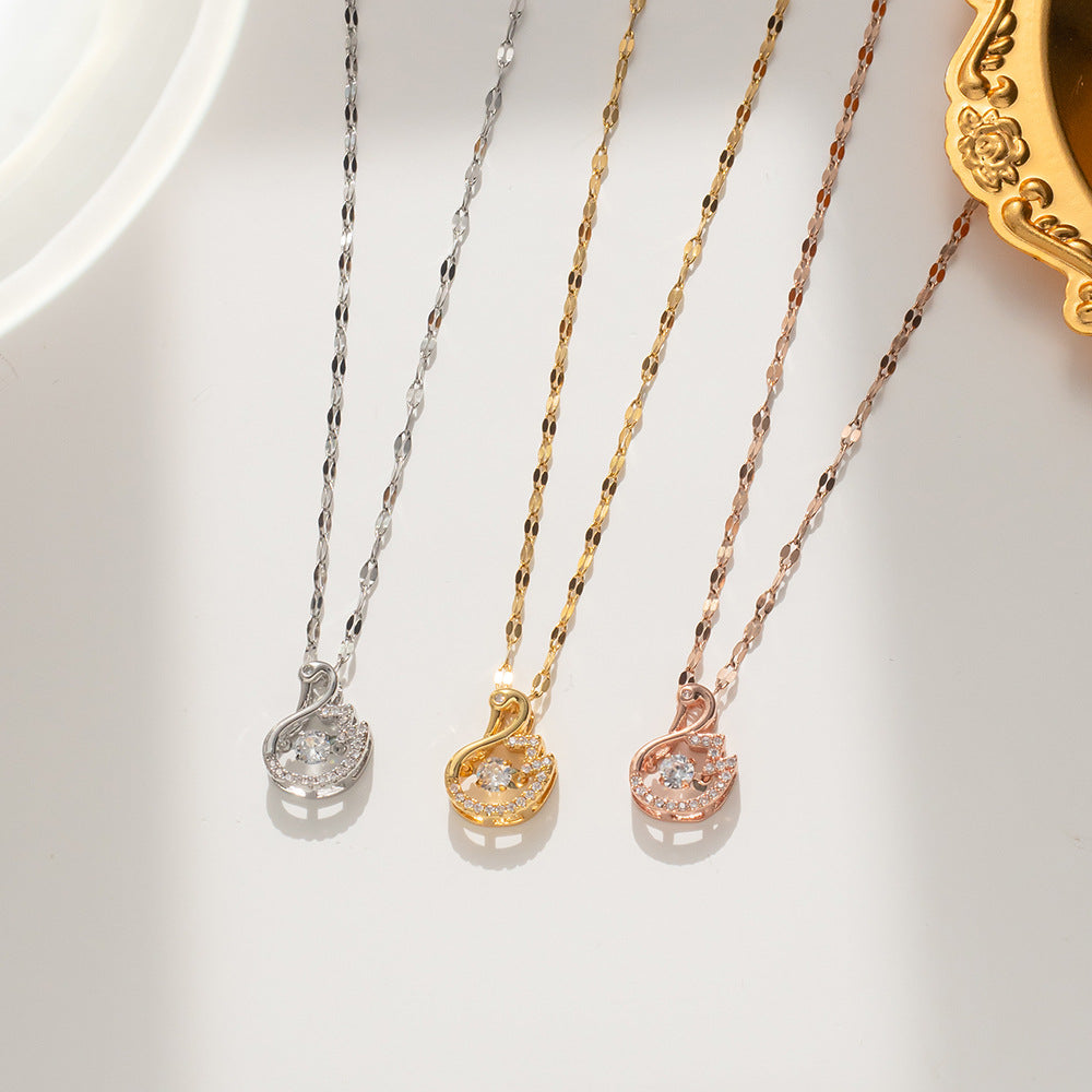 Elegant Swan Pendant Necklace for Women in Titanium Steel with Rhinestone Inlay on Wavy Chain, Hypoallergenic and Tarnish-Resistant