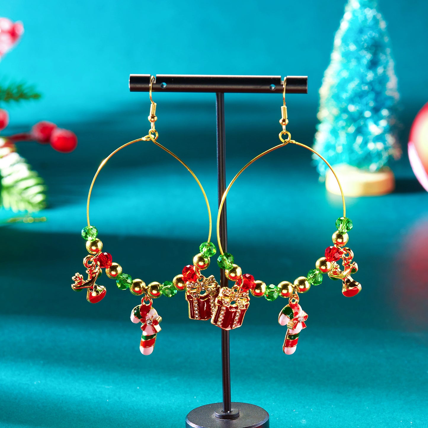 Pendientes de gancho con colgante de Papá Noel de Navidad exagerados con diamantes de imitación para mujer, chapados en aleación