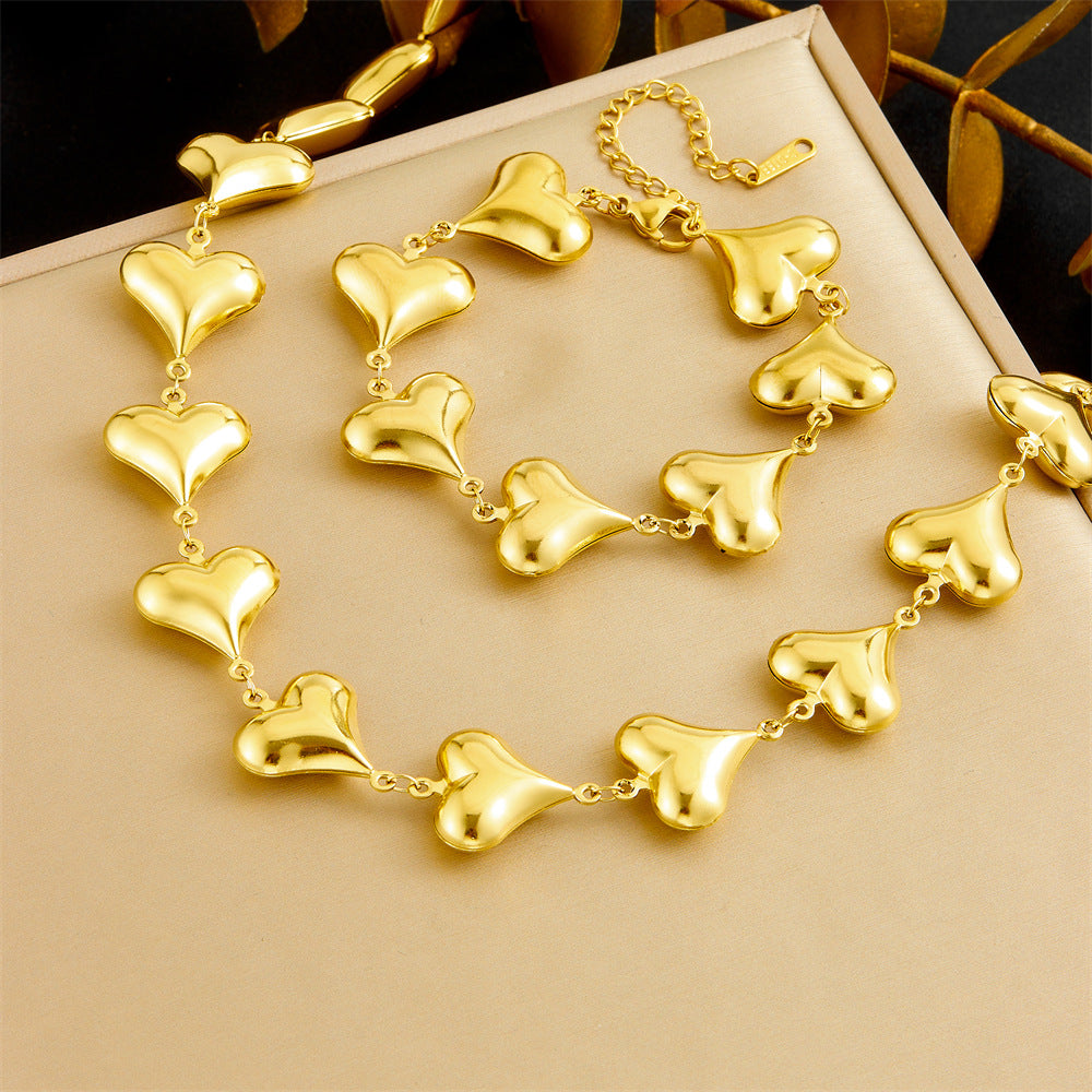 Minimalist Polished Stainless Steel Heart Cable Chain Necklace and Bracelet Set for Women