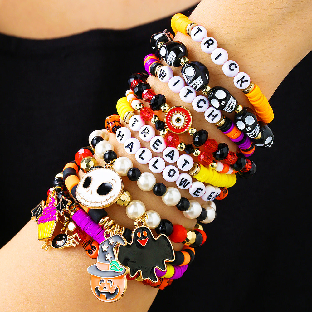 Gothic Geometric Letter Drip Oil Polymer Clay Bracelet with Brass Beads
