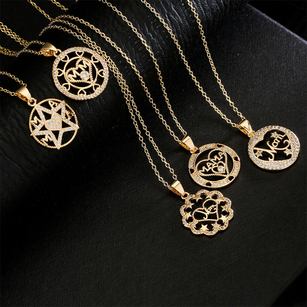 Minimalist MOM Pendant Necklace in Copper with 18K Gold Plating and Zircon Inlay for Women