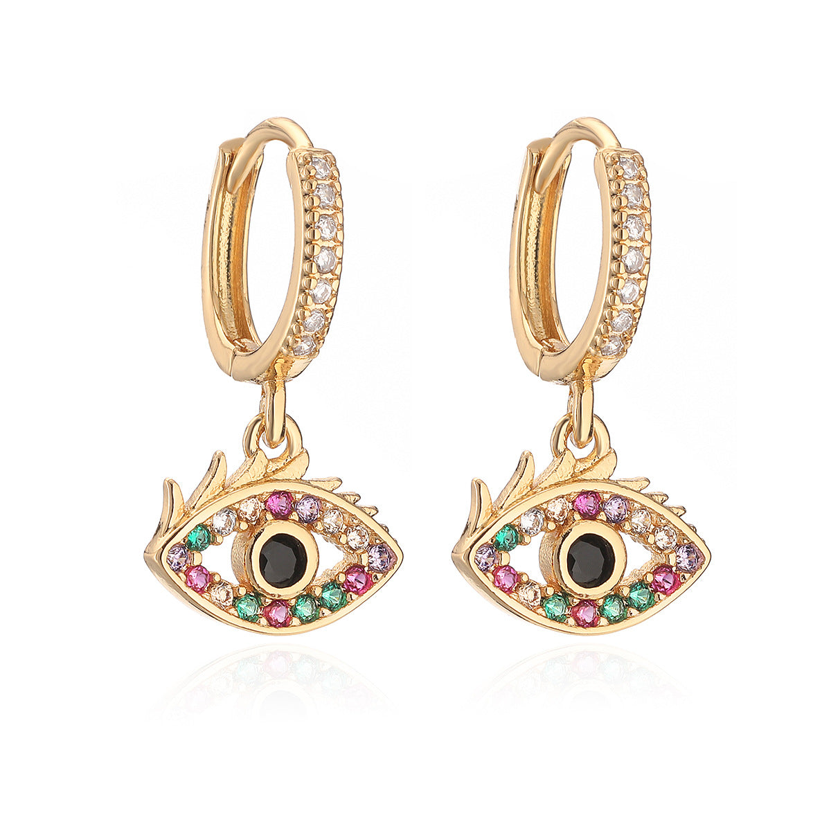 Orecchini a perno geometrici minimalisti color oro e rame con zirconi colorati a forma di occhio di Hamsa per donna