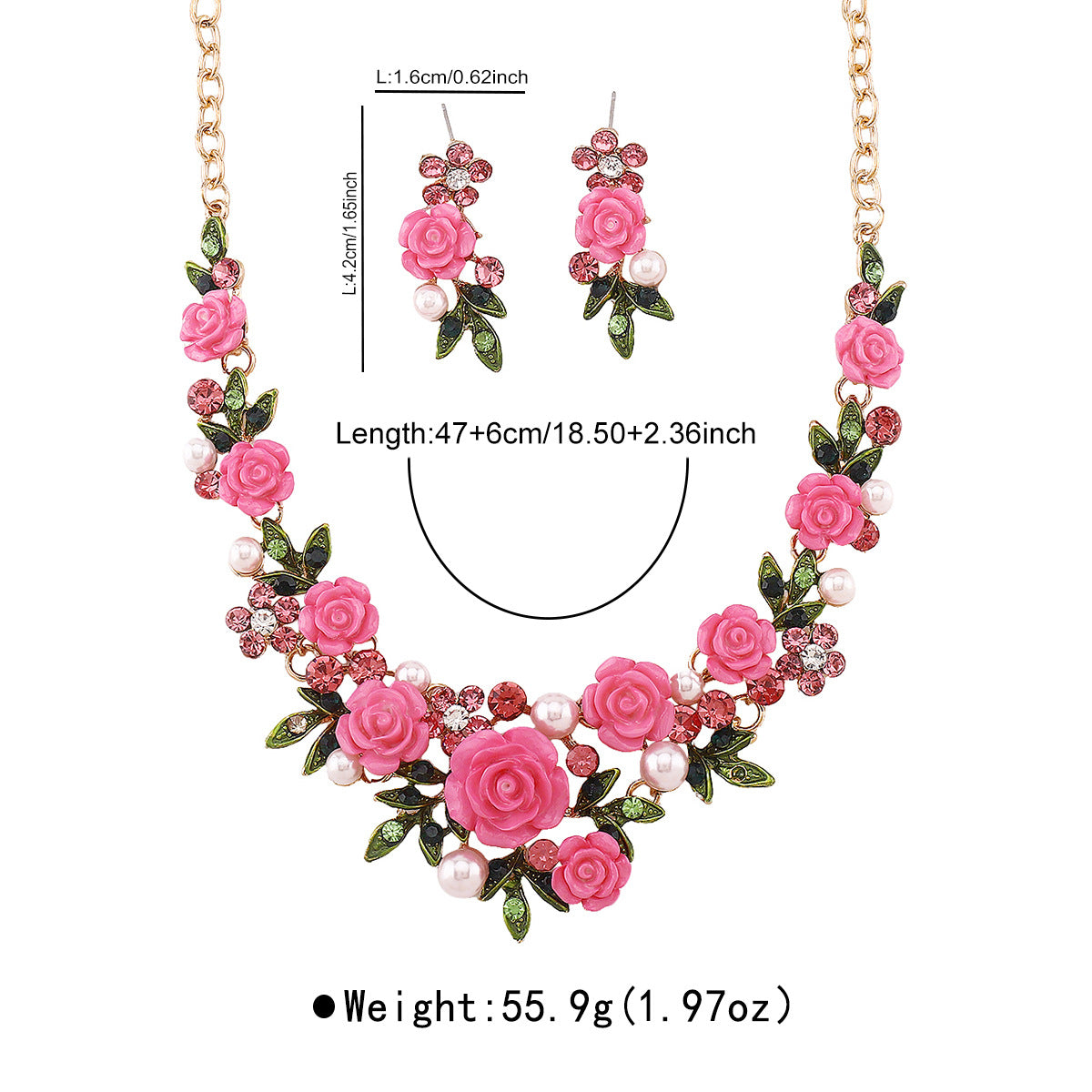 Set di collana, orecchini e bracciale floreale in lega e resina con intarsi di strass per donna