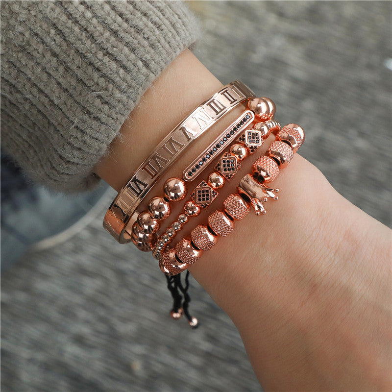 Geometric Crown-Shaped Titanium Steel Bracelet Set with Rhinestone Inlay and Plated Finish for Men and Women