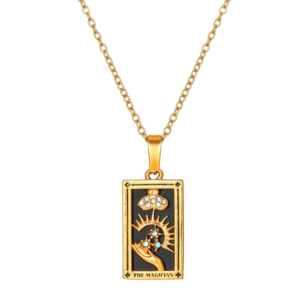 Vintage Casual Rectangle Drip Oil Cubic Zirconia Stainless Steel Necklace with Geometric Tarot Pendant Cable Chain Unisex