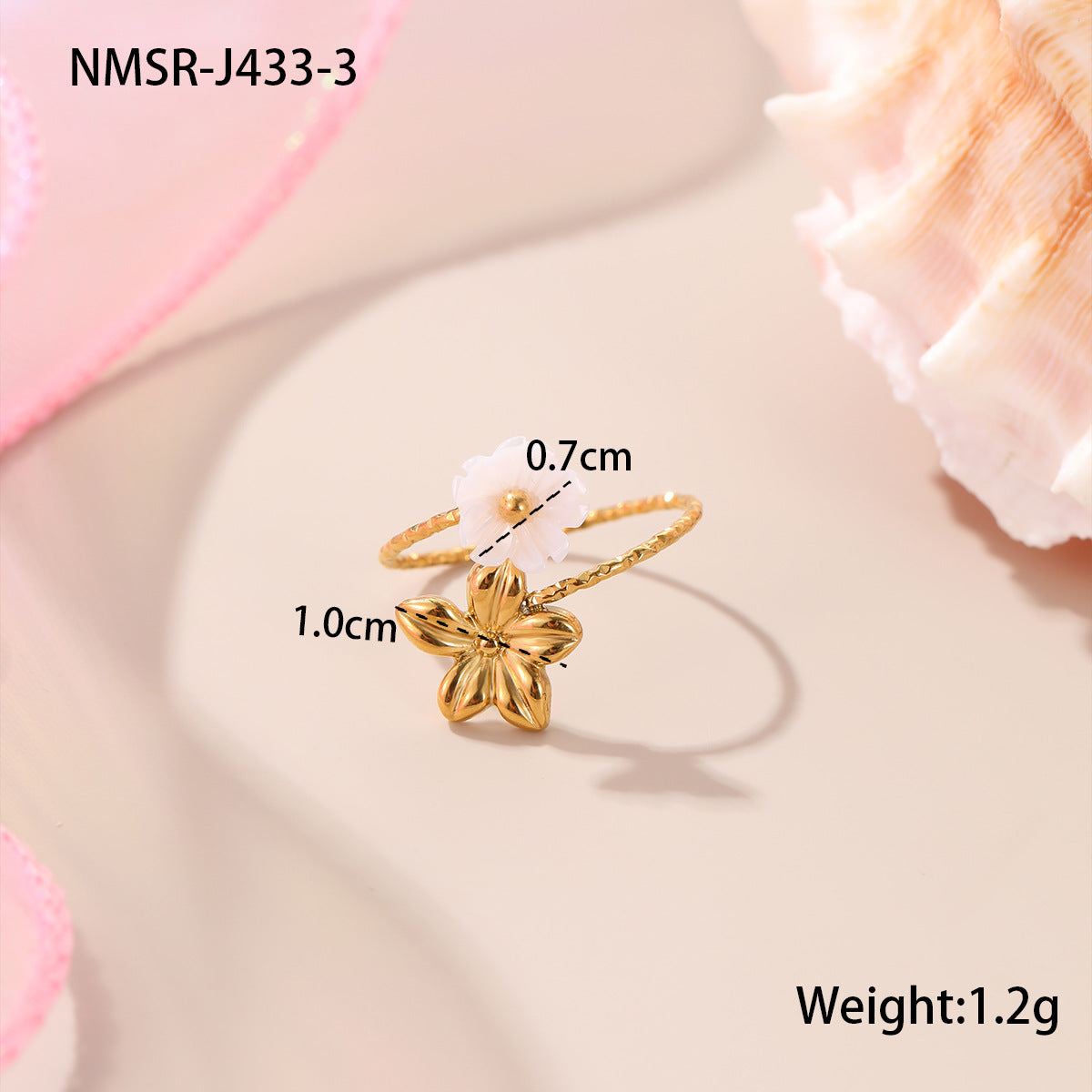 Elegante anello aperto da donna in acciaio inossidabile con perle e motivo floreale, placcato in oro 18 carati