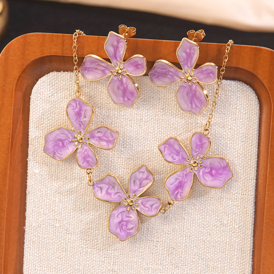 Elegant Drip Oil Floral Stainless Steel Necklace and Earring Set for Women