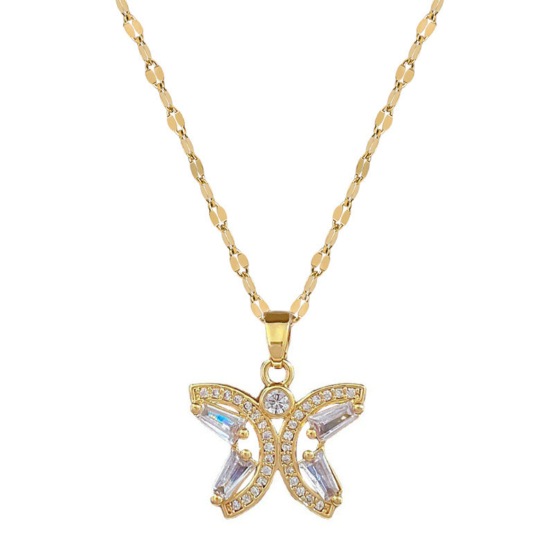 Luxury Titanium Steel Butterfly Pendant Necklace and Earrings Set with Hollow-Out Design for Women Formal Events