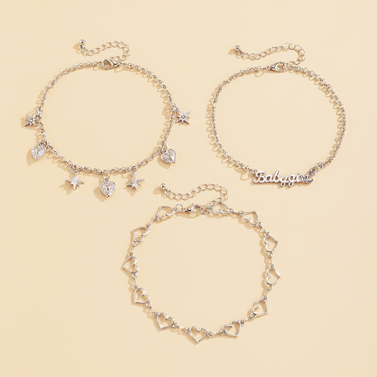 Minimalist Alloy Rhinestone Heart Geometric Anklet Set for Women
