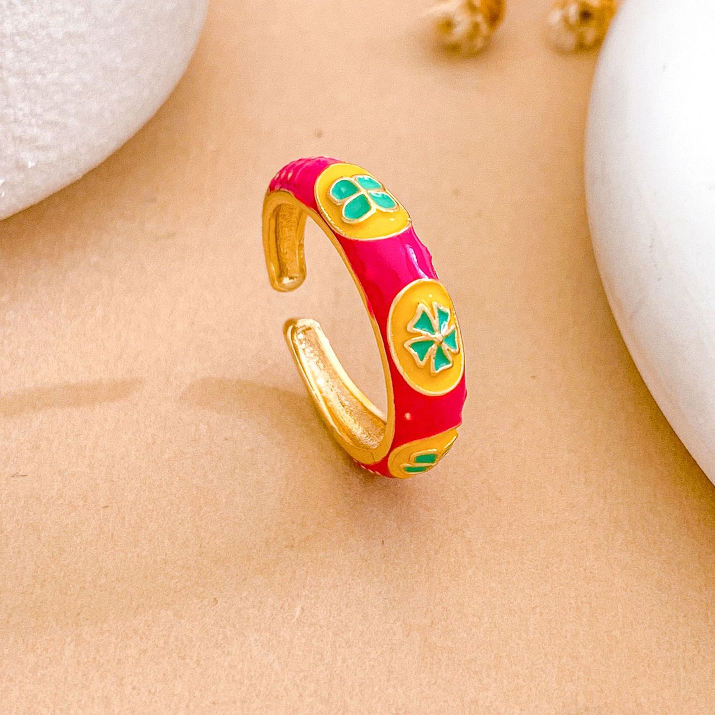 Sweet Minimalist Floral Enamel Gold Plated Brass Adjustable Ring for Women