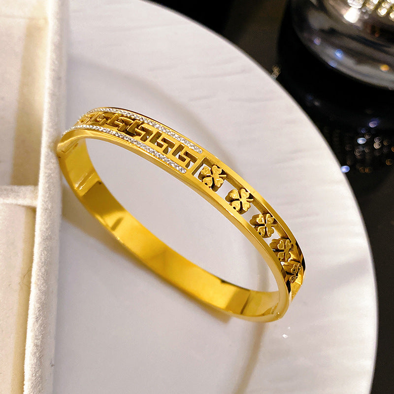 Luxury Paved Rhinestone Greek Key Hollow Clover Titanium Steel Bracelet for Women
