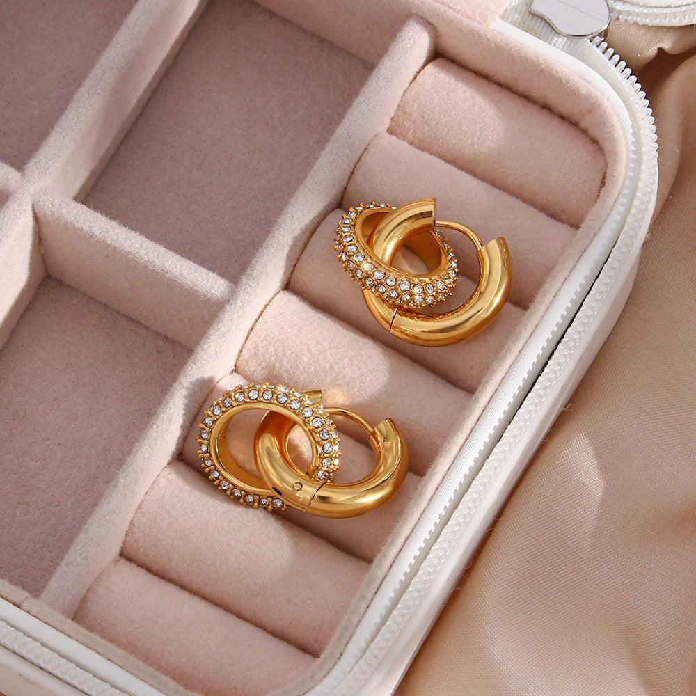 Fashion Geometric Round Hoop Earrings Stainless Steel 18K Gold Plated Cubic Zirconia for Women