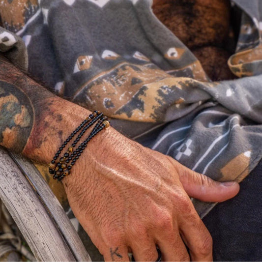 Geometric Round Tiger Eye Black Agate Wood Beaded Bracelet Handmade Unisex Jewelry