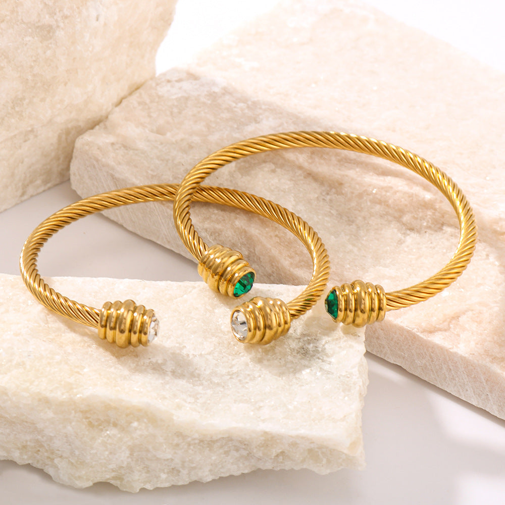 Minimalist Geometric Stainless Steel Bracelet with Zircon Inlay and 18K Gold Plating for Women