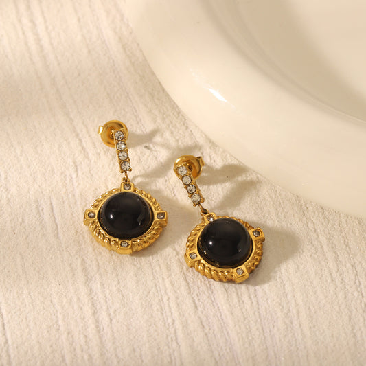 Orecchini a perno con ossidiana nera geometrica stile retrò francese placcati oro 18K su acciaio inossidabile per donna