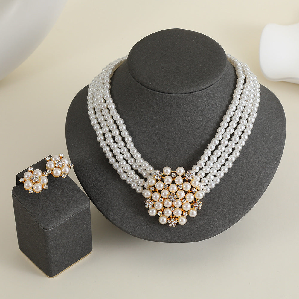 Elegant Floral Pearl Necklace and Earrings Set for Women Lightweight Luxury Style Multi-Strand Pearl Choker with Alloy Pendant and Beaded Construction