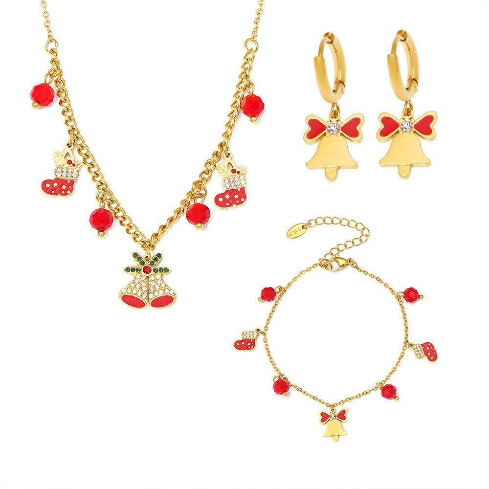 Set Collana con Ciondolo Ruota Panoramica di Lusso con Catena in Acciaio Inossidabile, Intarsio in Zirconi, Ciondolo in Agata Rossa Smaltata e Motivo Campanella Natalizia per Donna