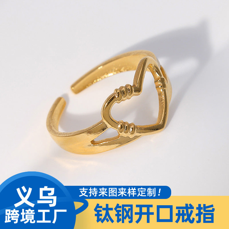Cute Heart-Shaped Titanium Steel Adjustable Ring for Women with Plated Finish Minimalist Instagram Style Fashion Jewelry