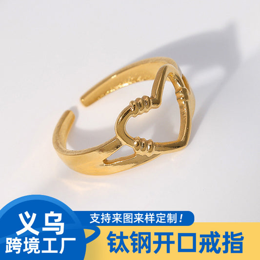 Cute Heart-Shaped Titanium Steel Adjustable Ring for Women with Plated Finish Minimalist Instagram Style Fashion Jewelry
