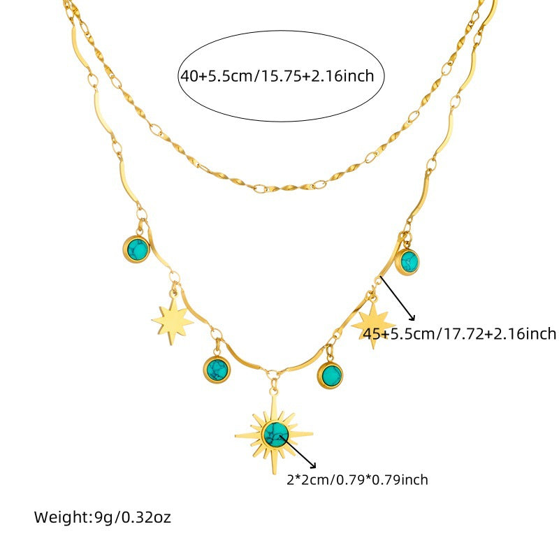 Vintage Bohemian Eight-Pointed Star Plated Stainless Steel Double Layer Necklace for Women