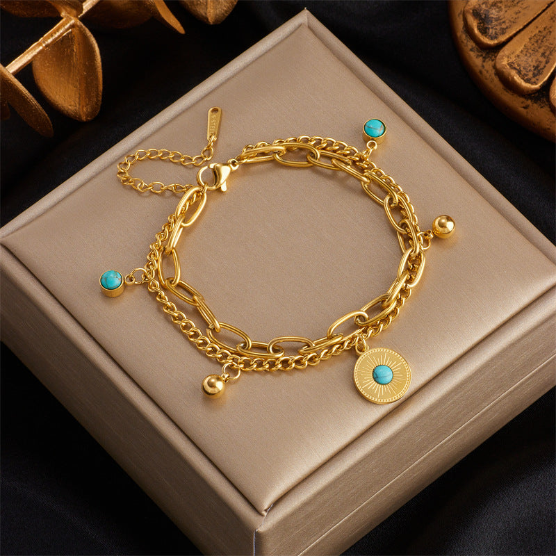 Fashionable Vintage-Inspired Titanium Steel Bracelet with Rhinestone-Inlaid Star and Round Pendant for Women