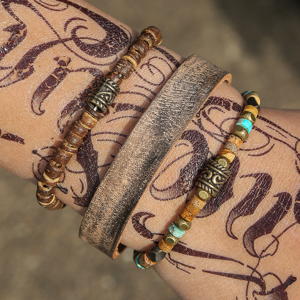 Vintage Round Leather Alloy DIY Charm Bar Bracelet Set Unisex