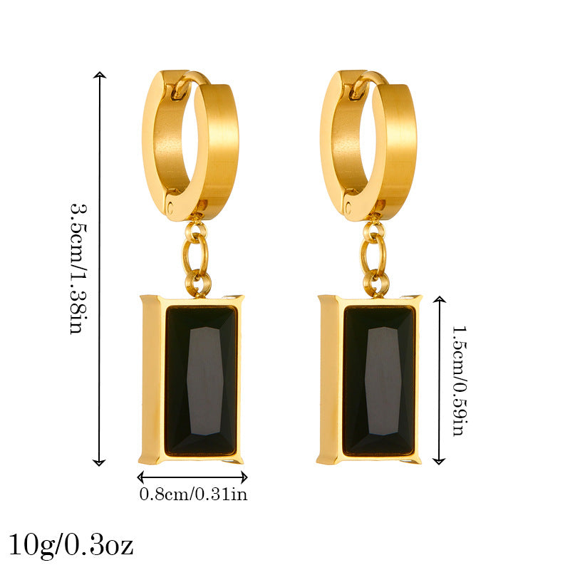 Vintage-Style Geometric Black Gemstone Pendant Stainless Steel Earrings for Women