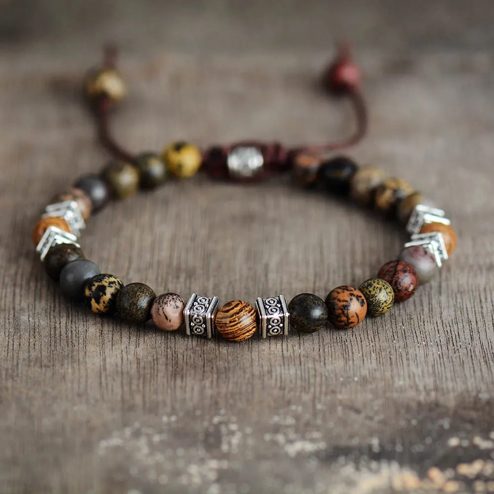 Ethnic Natural Agate Round Beaded Bracelet Unisex Handmade Adjustable Geometric Strand