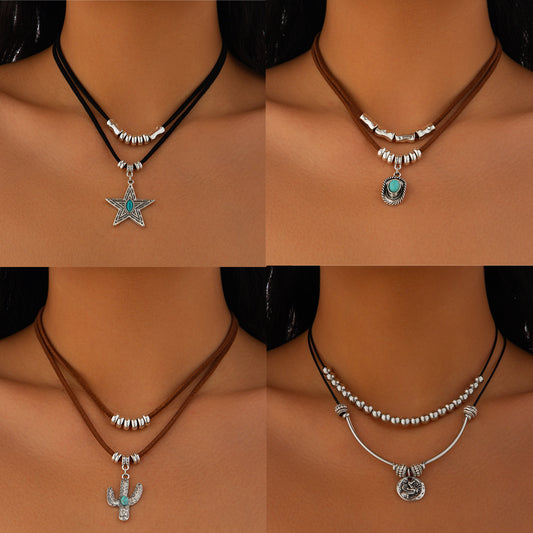 Collana Punk Geometrica in Lega con Intarsio Turchese e Finitura Placcata