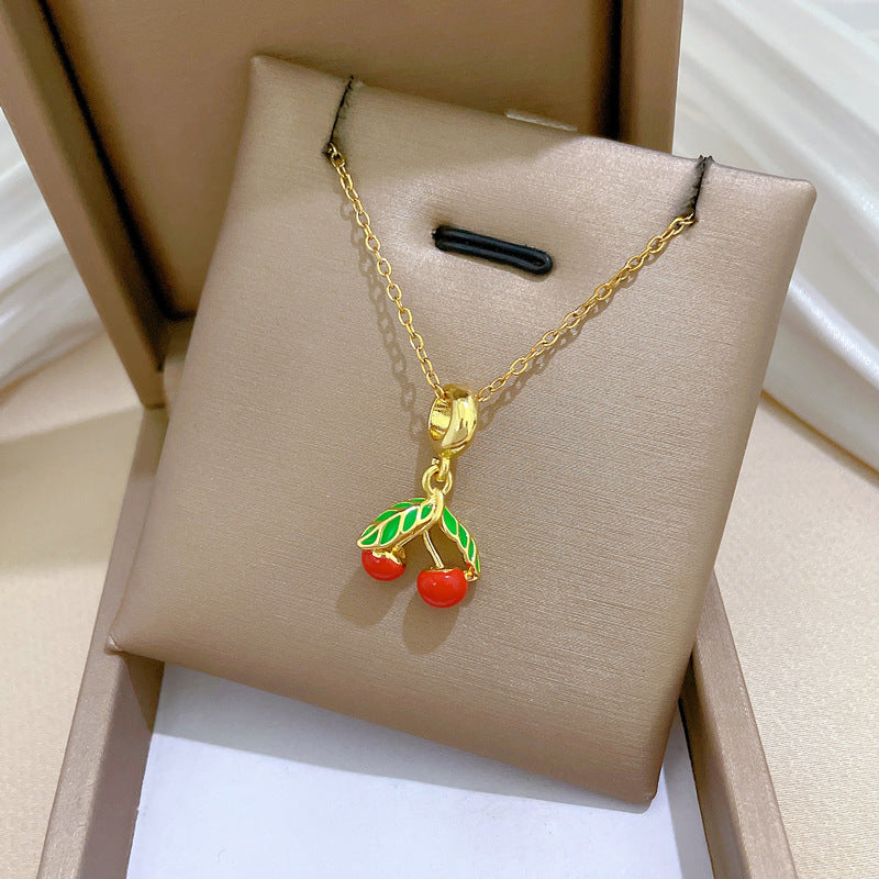 Cartoon Style Cherry and Leaf Pendant Necklace with Enamel Finish in Stainless Steel for Women and Men