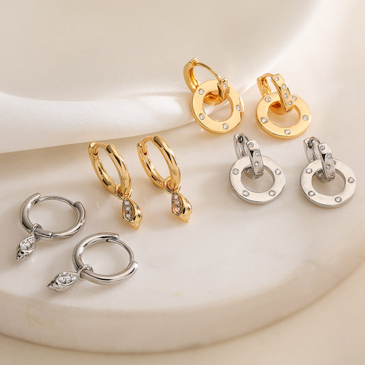 Pendientes minimalistas de cobre geométricos con baño de oro de 18 quilates e incrustaciones de circonita para mujer
