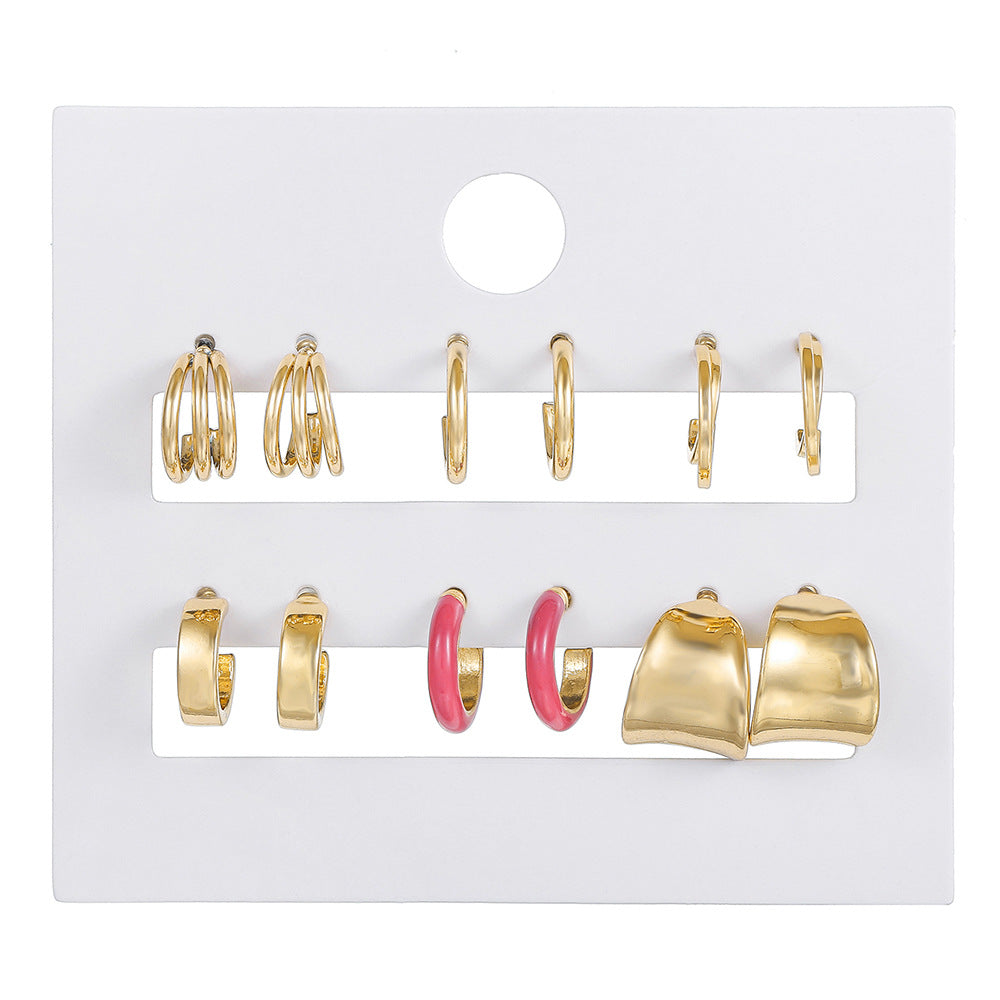 Vintage Gold Plated Geometric Round Alloy Acrylic Pearl Leopard Print C-Hoop Earrings Set for Women