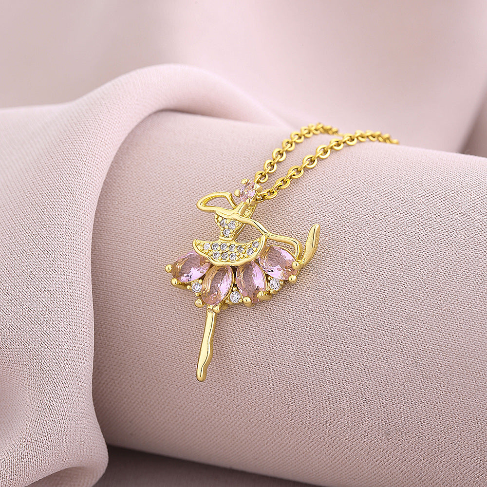 Elegante Collar Colgante de Bailarina de Ballet para Mujer en Cobre con Incrustaciones de Circonita Cúbica en Cadena O-Chain, Cadena de Clavícula de Lujo Minimalista