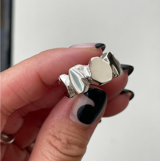 Anillo abierto de plata de ley 925 minimalista con gemas geométricas incrustadas para mujer