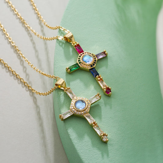 Minimalist Cross Pendant Necklace for Women in Copper with 18K Gold Plating and Zircon Inlay