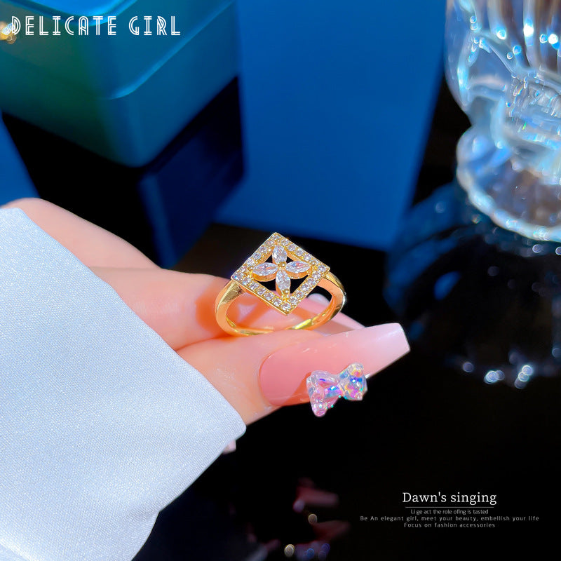 Kawaii Style Floral Square Ring in Brass with Gold Plating for Women Adjustable Open Band