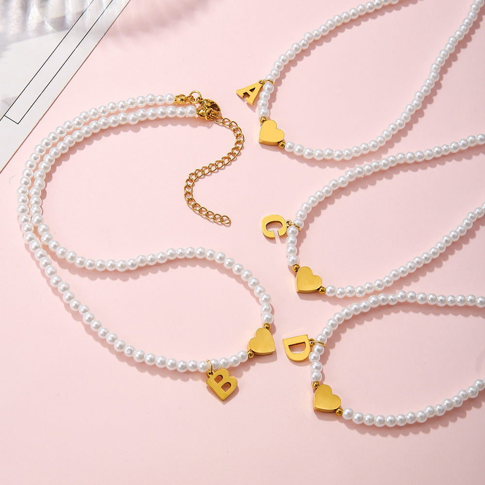 Minimalist Letter Heart Stainless Steel Pearl Necklace Women Cable Chain