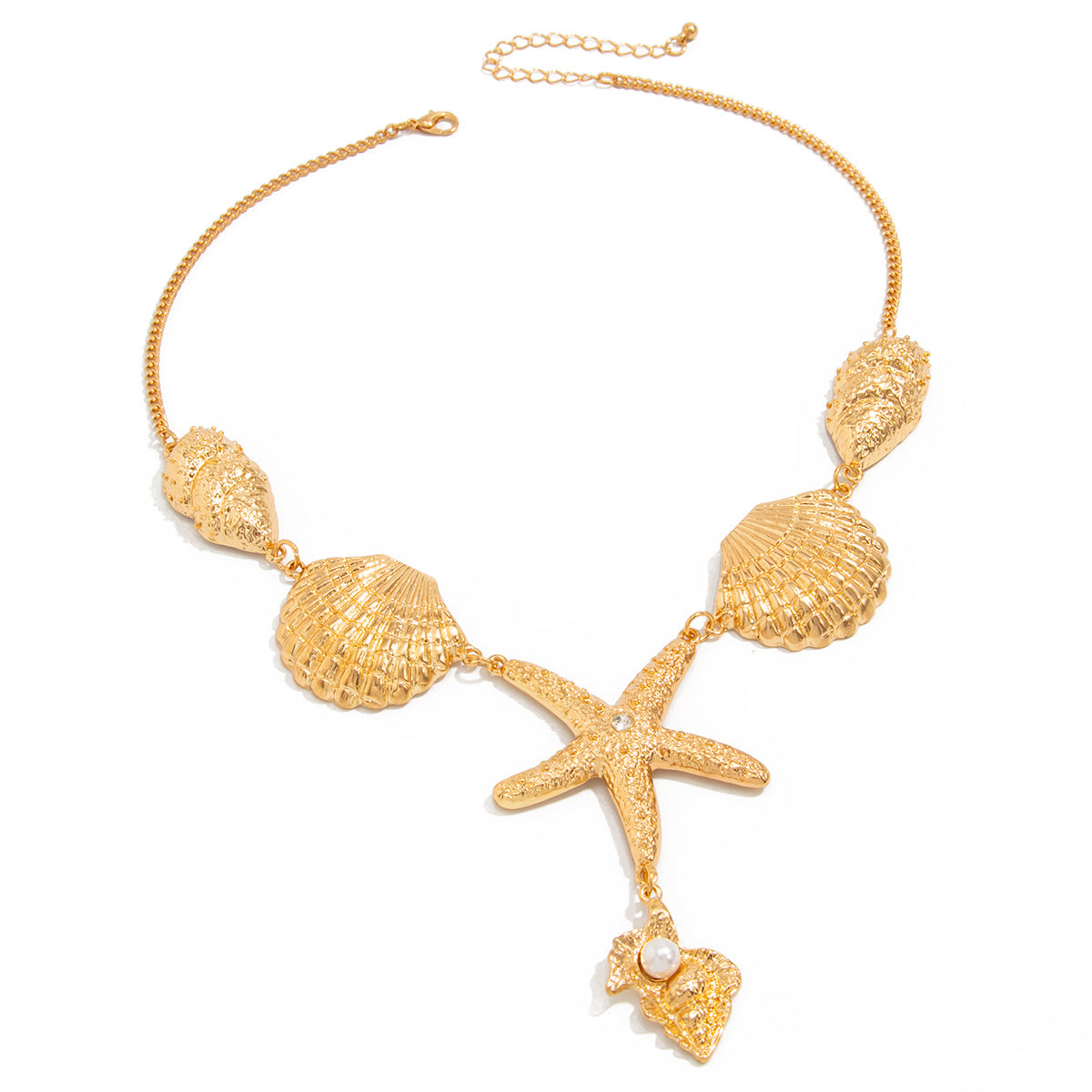 Collar con dije de estrella de mar y conchas marinas, collar con colgante en Y de aleación con acabado chapado, joyería estilo bohemio con temática oceánica para mujer