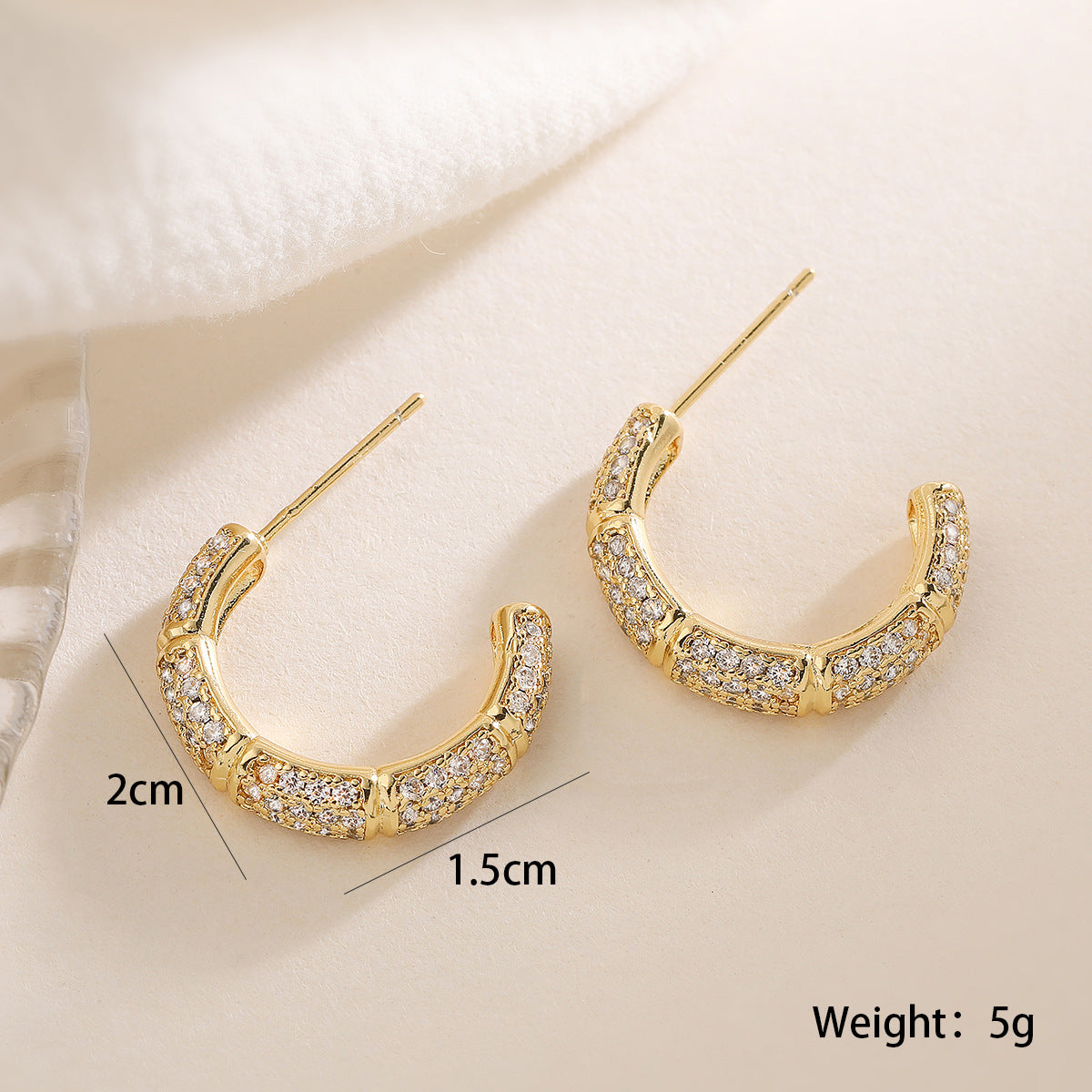 Minimalist Geometric C-Shaped Copper Earrings with 18K Gold Plating and Micro-Paved Zirconia for Women