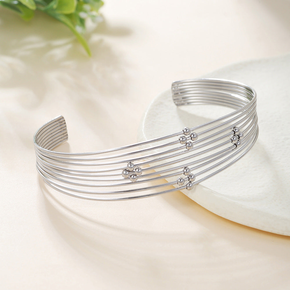 Geometric Round Plated Stainless Steel Multi-Layer Beaded Open Cuff Bracelet
