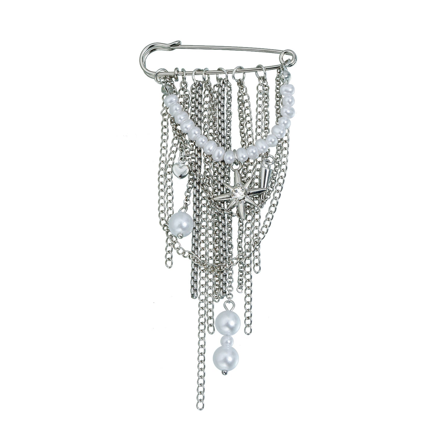 Elegant Geometric Star Alloy Brooch with Pearl Inlay and Tassel Details