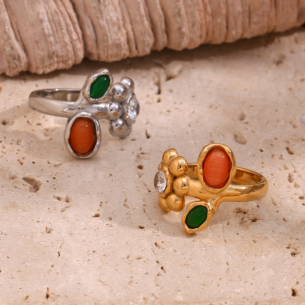 Vintage-Inspired Floral Geometric Stainless Steel Ring with 18K Gold Plating for Women